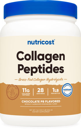 Poudre de Peptides de Collagène Nutricost chocolat beurre de cacahuète vue de face