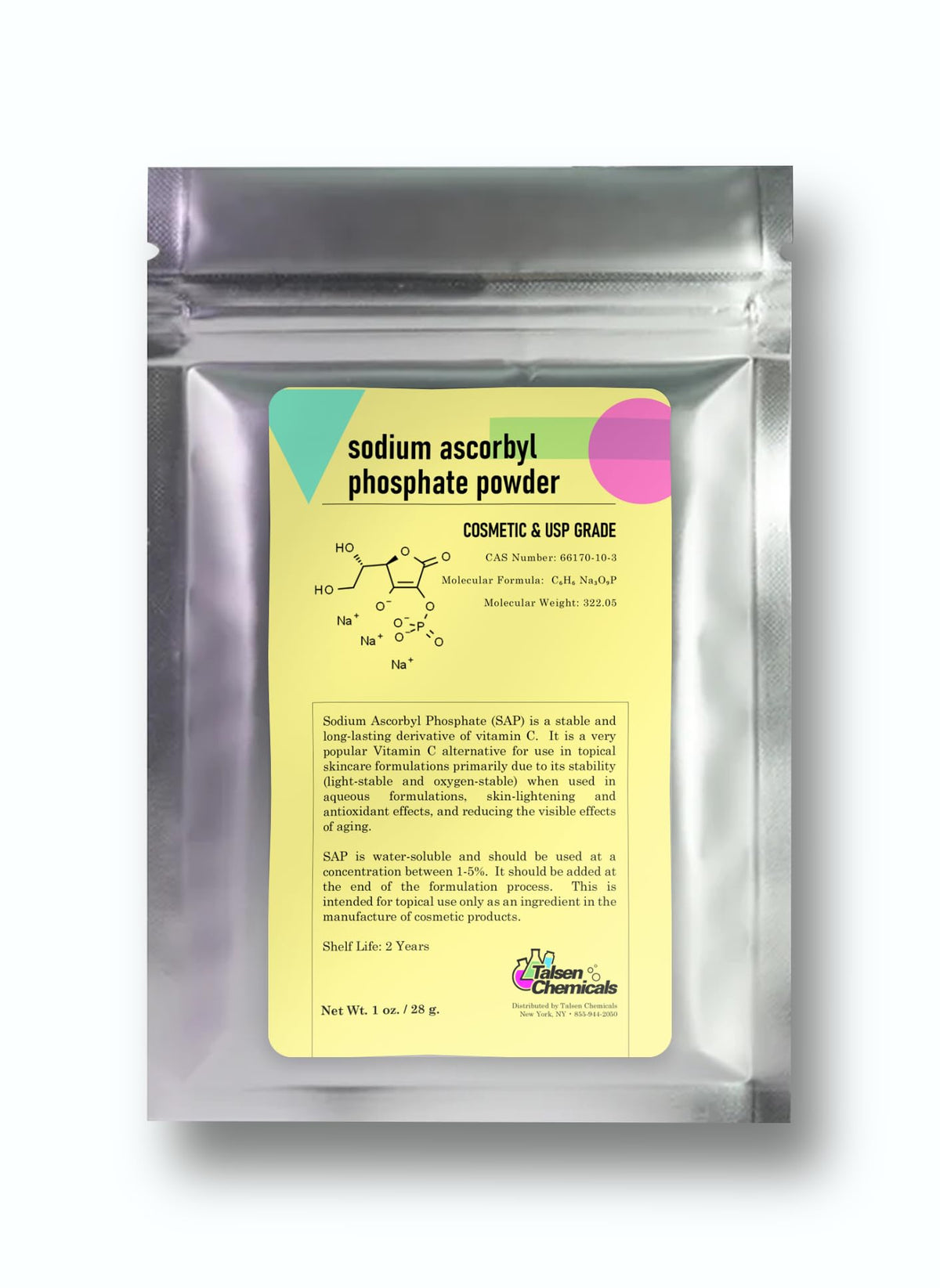 Poudre de phosphate de sodium ascorbyl Talsen Chemicals 30g vue de face
