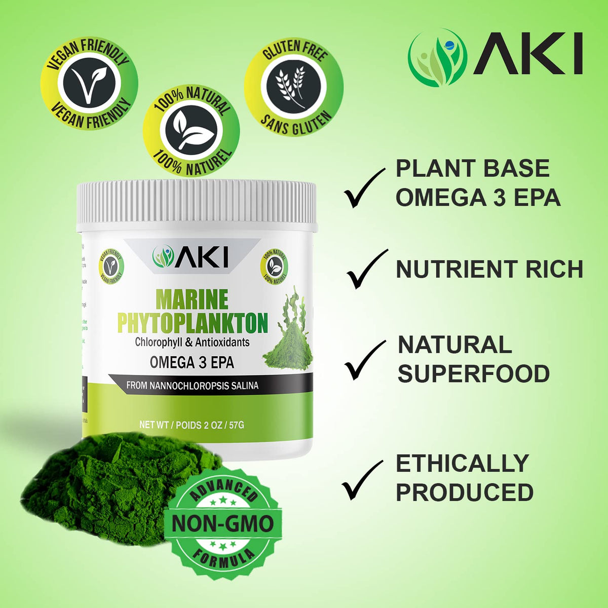 Poudre de phytoplancton marin AKI ORGANIC avec des ingrédients naturels