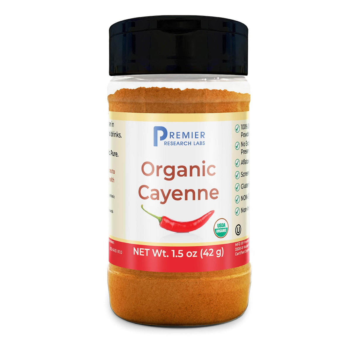 Poudre de piment de cayenne bio Premier Research Labs 68g vue de face