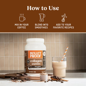 Poudre de Protéine au Collagène Chocolat Bulletproof versée dans un verre d'eau