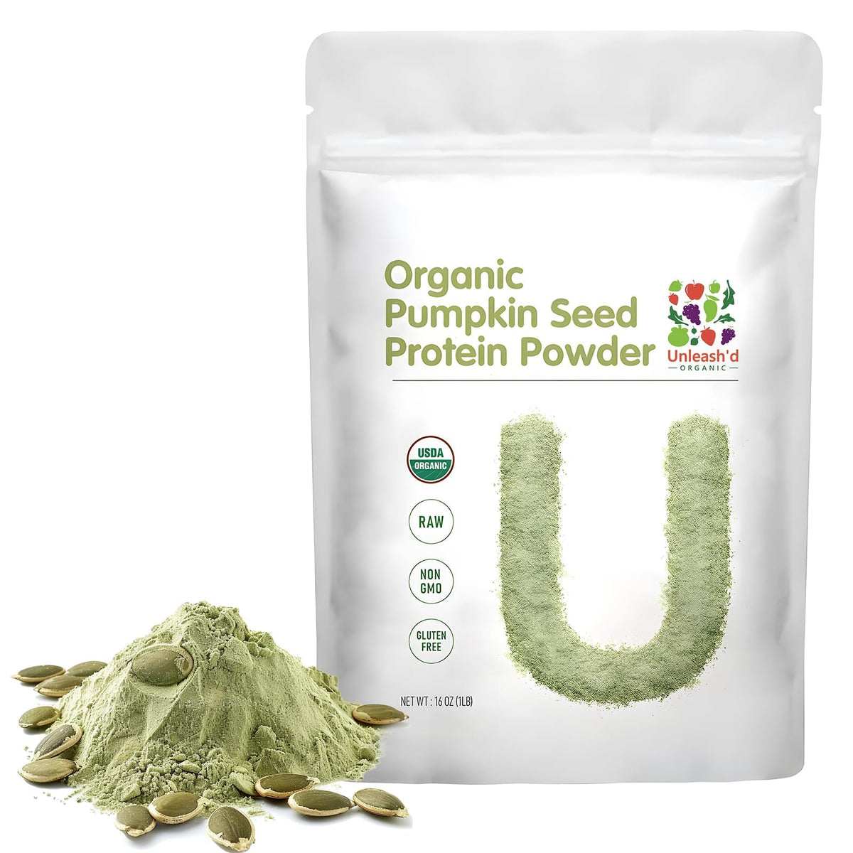 Poudre de protéine de graines de citrouille bio 'D ORGANIC 472g vue de face