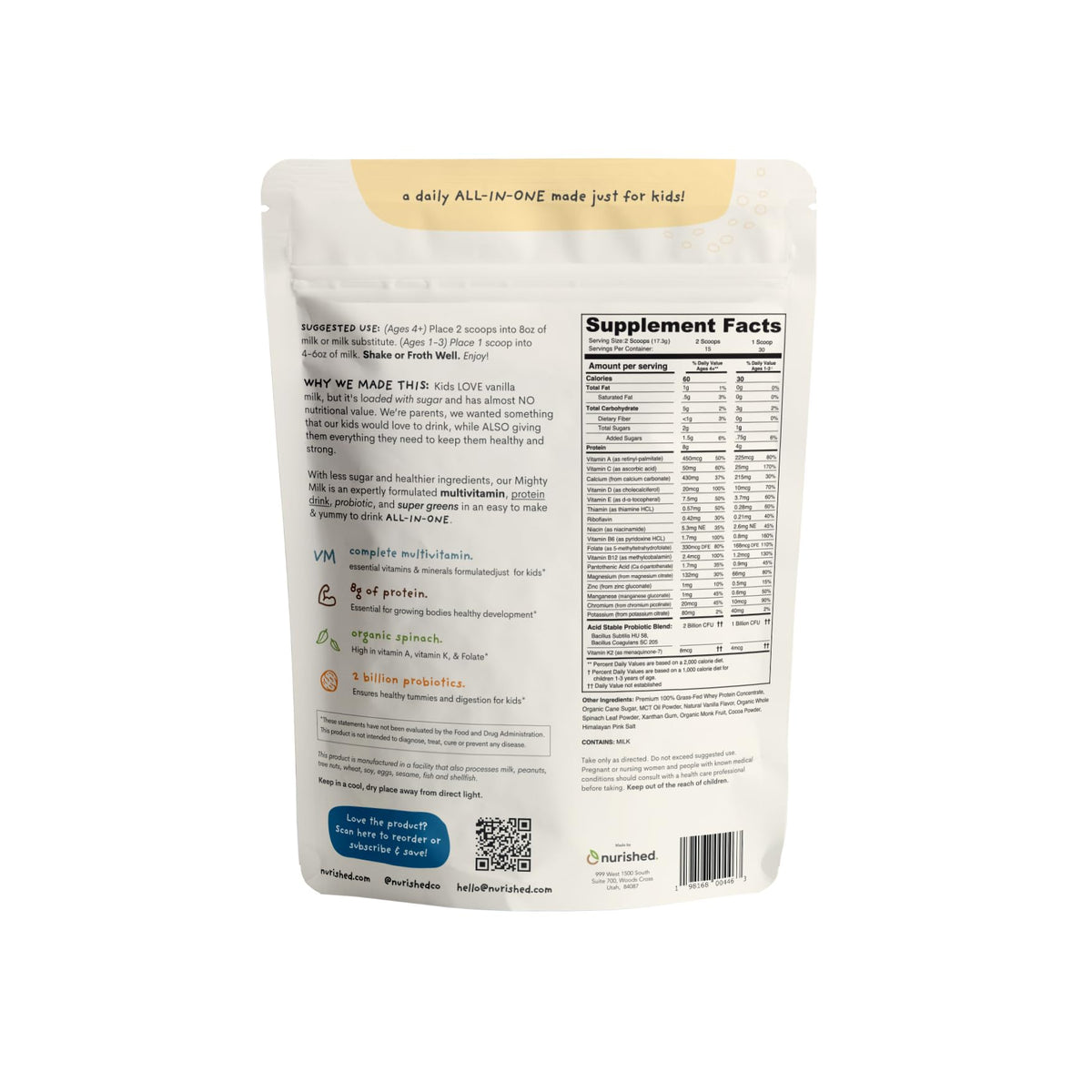 Poudre de protéine Nurished Mighty Milk vanille avec cuillère