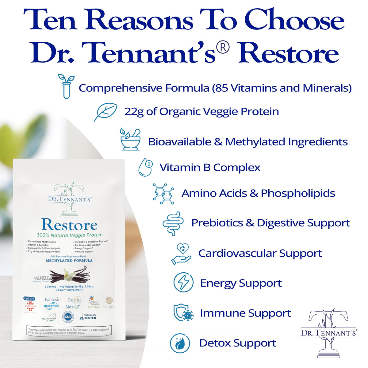 Poudre de protéine végane Dr. Tennant's dans un bol avec cuillère