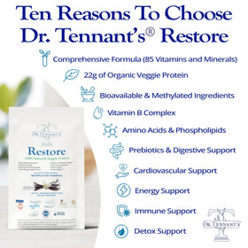 Poudre de protéine végane Dr. Tennant's dans un bol avec cuillère