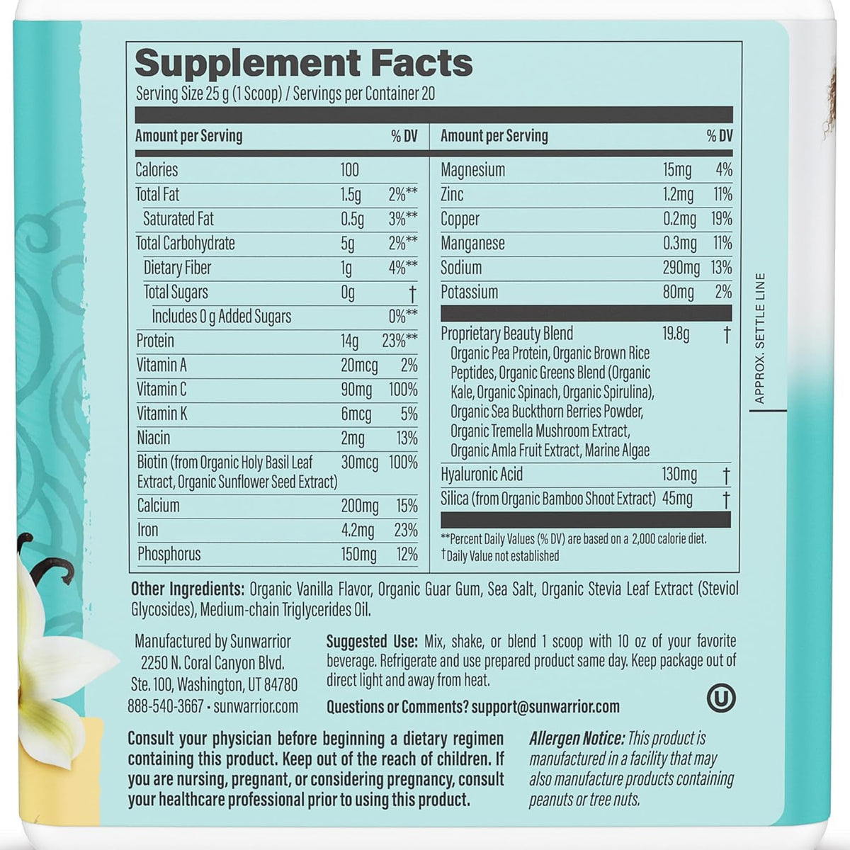 Poudre de protéine végétale collagène Sunwarrior 640g avec scoop