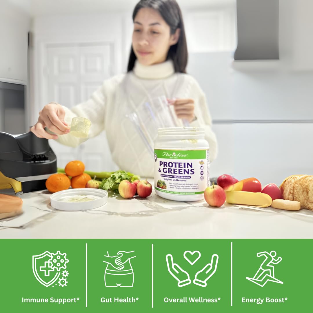 Poudre de protéines et verts Paradise Herbs 590g en préparation