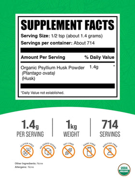 Poudre de Psyllium Bio BulkSupplements 1 kg dans une cuillère