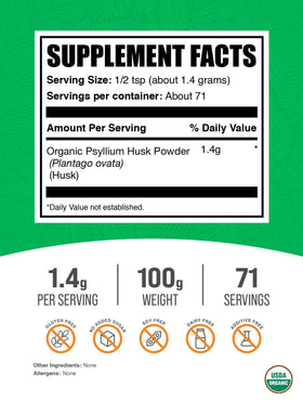 Poudre de Psyllium Bio BulkSupplements dans un verre avec de l'eau