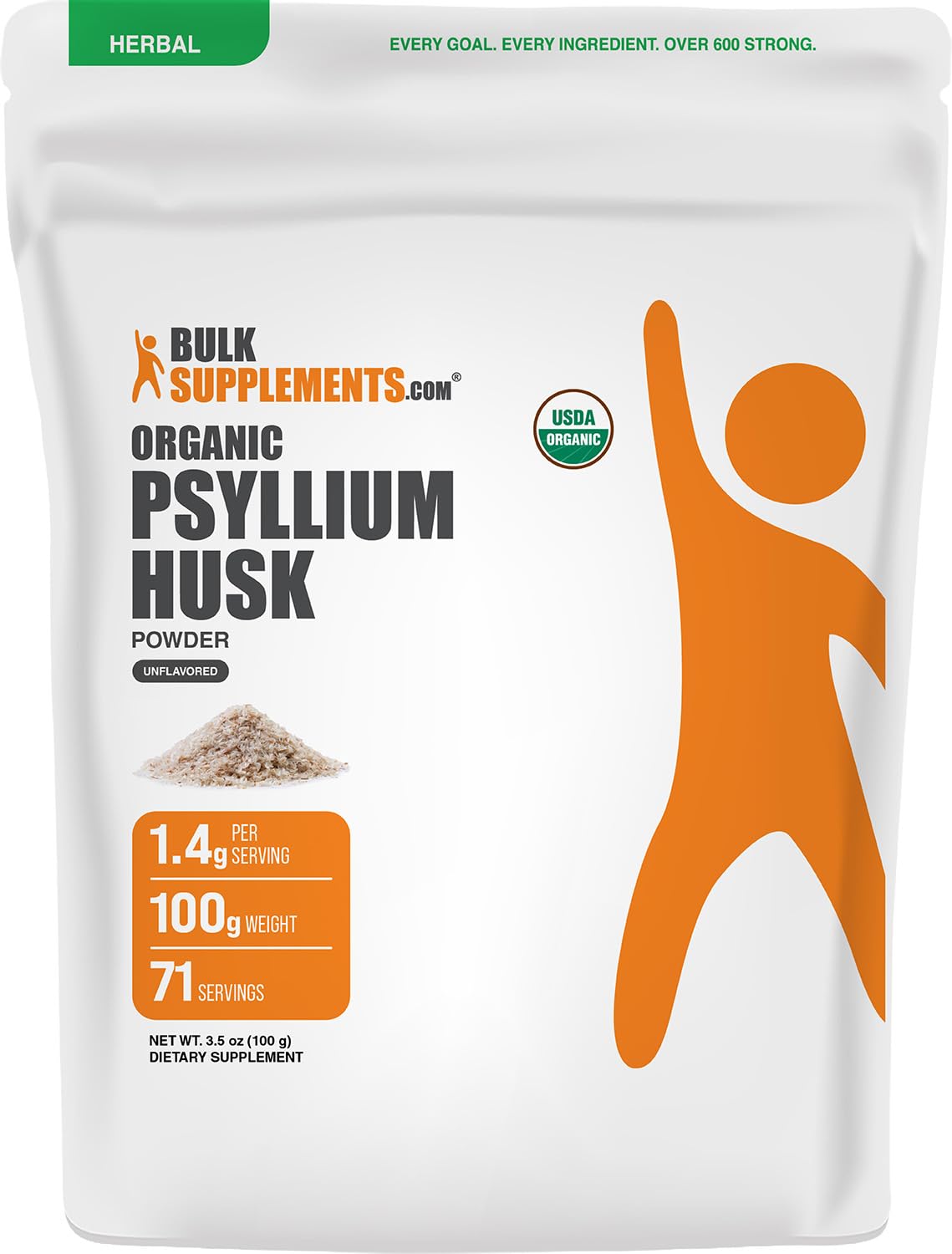 Poudre de Psyllium Bio BulkSupplements vue de face dans son emballage