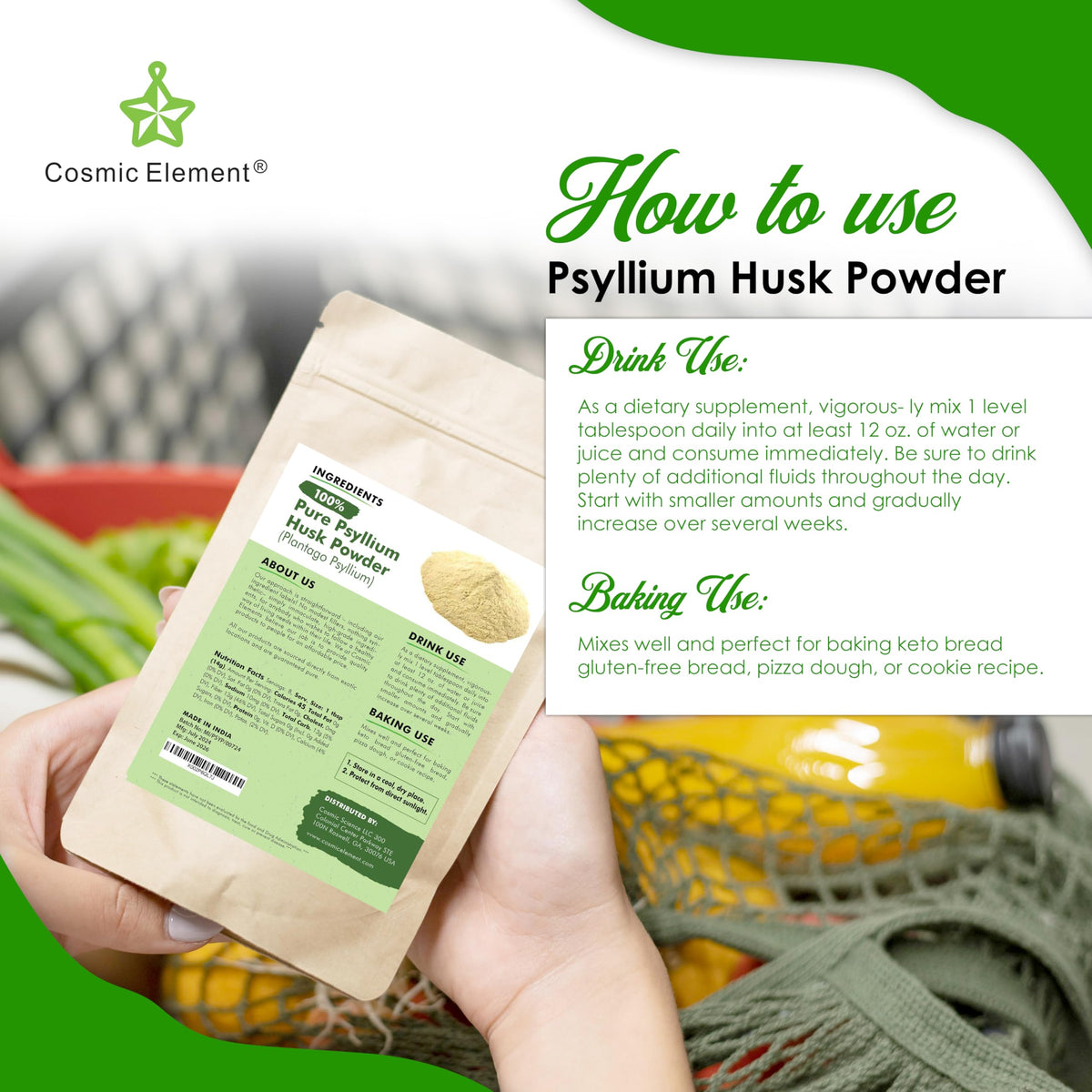 Poudre de psyllium bio Cosmic Element avec des ingrédients de cuisine