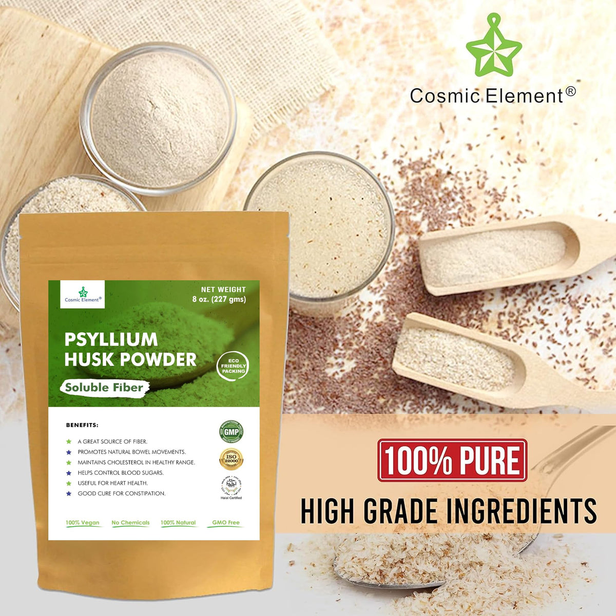 Poudre de psyllium bio Cosmic Element dans un bol