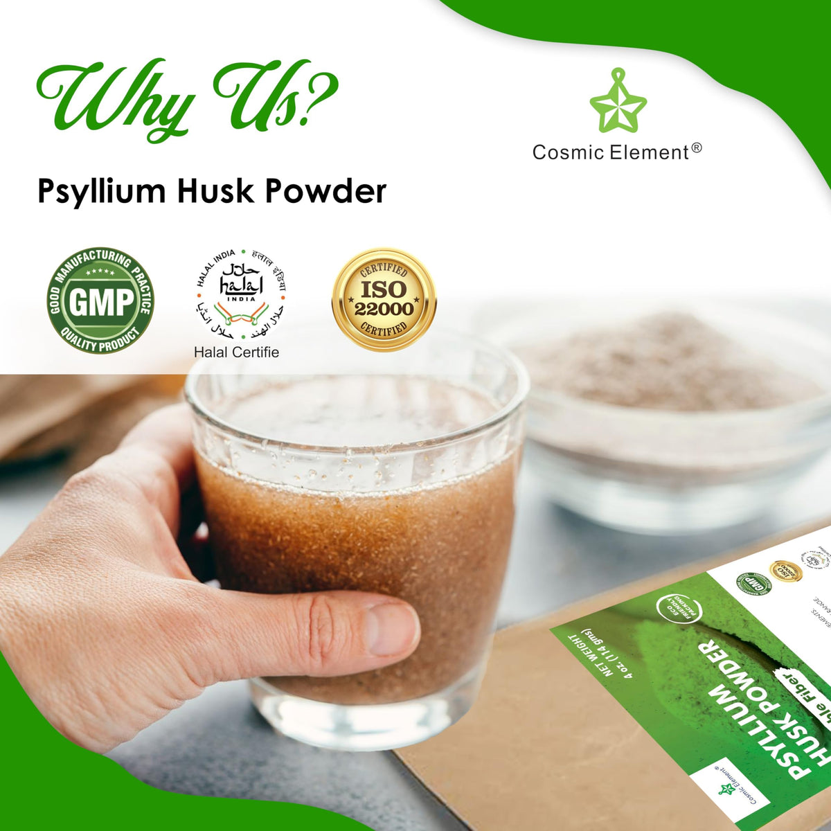 Poudre de psyllium bio Cosmic Element dans un bol
