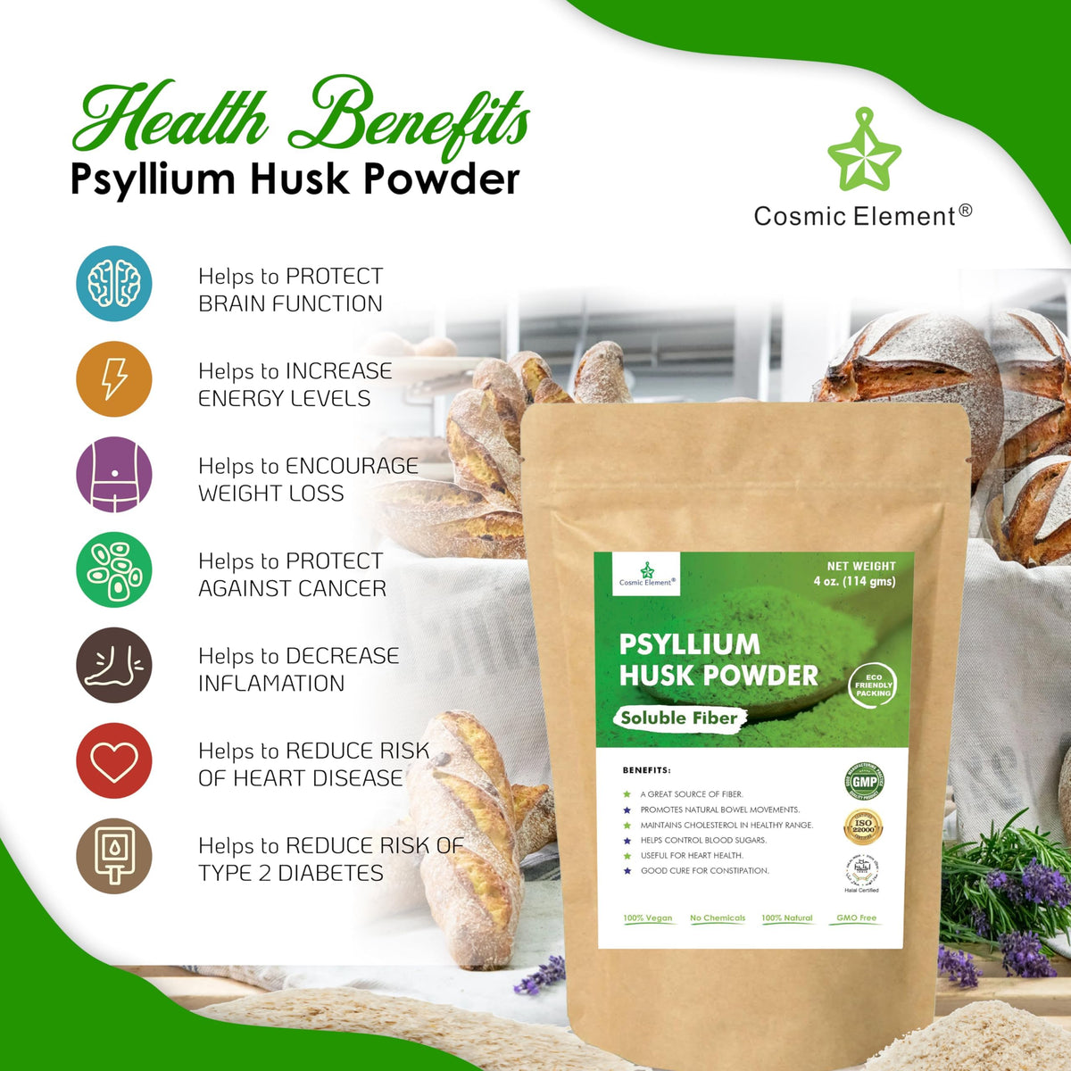 Poudre de psyllium bio Cosmic Element mélangée dans une boisson