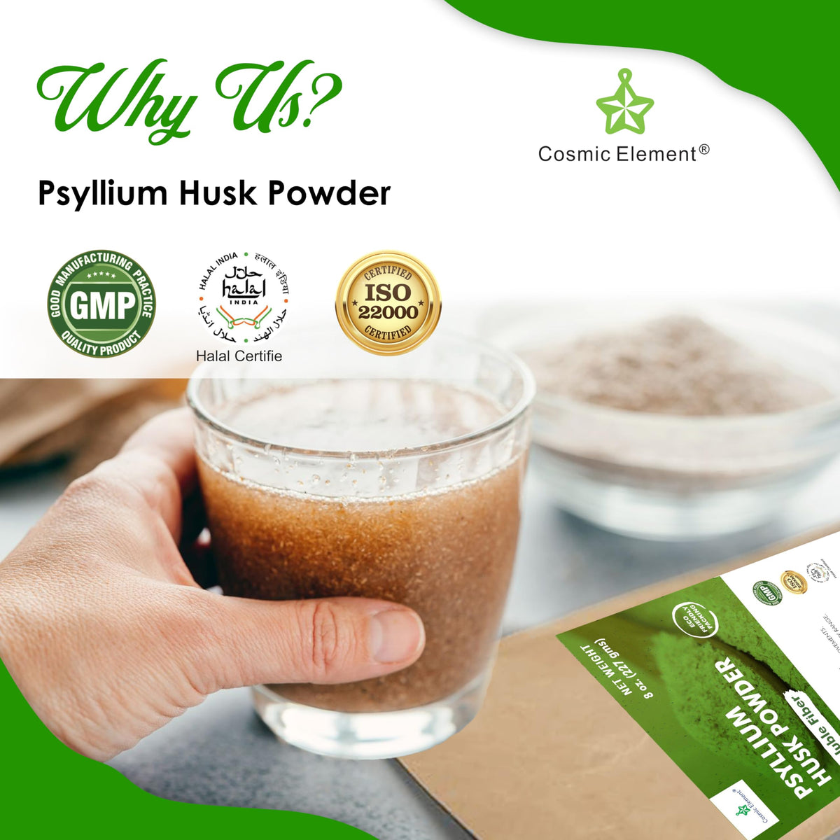Poudre de psyllium bio Cosmic Element sur une cuillère