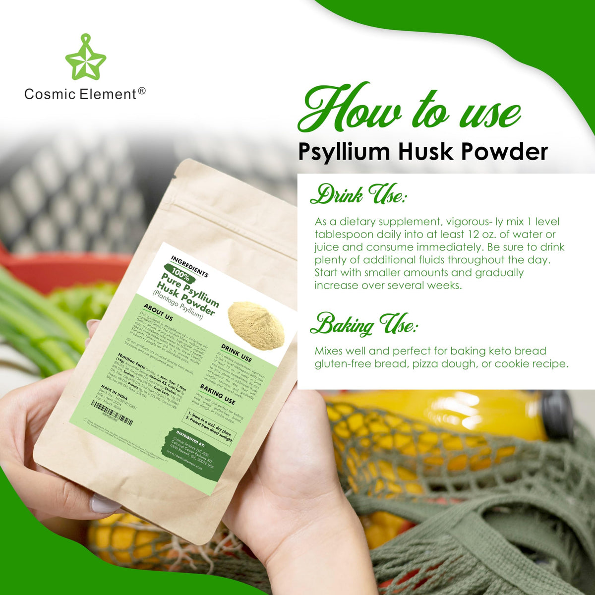 Poudre de psyllium bio Cosmic Element sur une cuillère