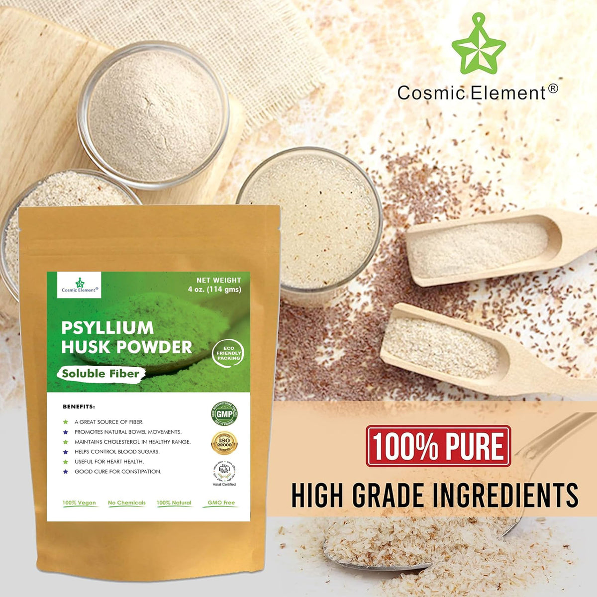 Poudre de psyllium bio Cosmic Element utilisée dans une recette de pain