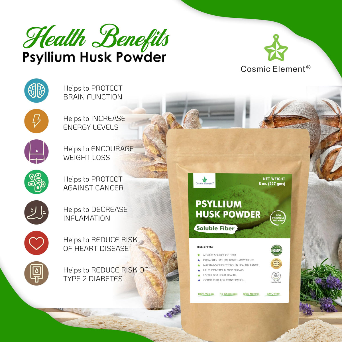 Poudre de psyllium bio Cosmic Element utilisée dans une recette de pain