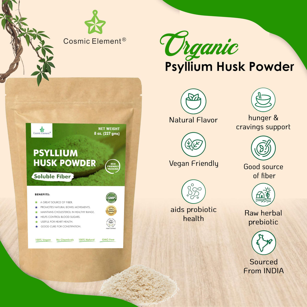 Poudre de psyllium bio Cosmic Element versée dans un verre