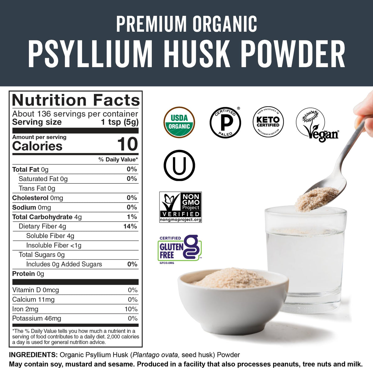 Poudre de psyllium bio dans un bol avec des fruits