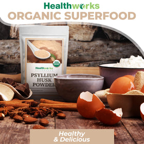 Poudre de Psyllium Bio dans un bol avec fruits