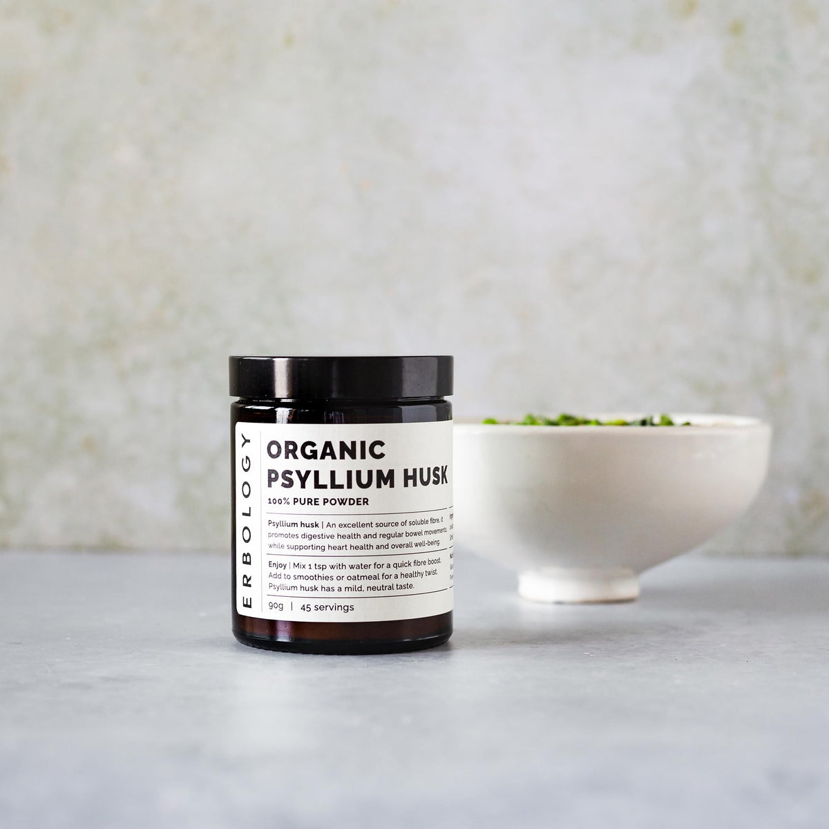 Poudre de psyllium bio Erbology 272g, dans un bol avec cuillère