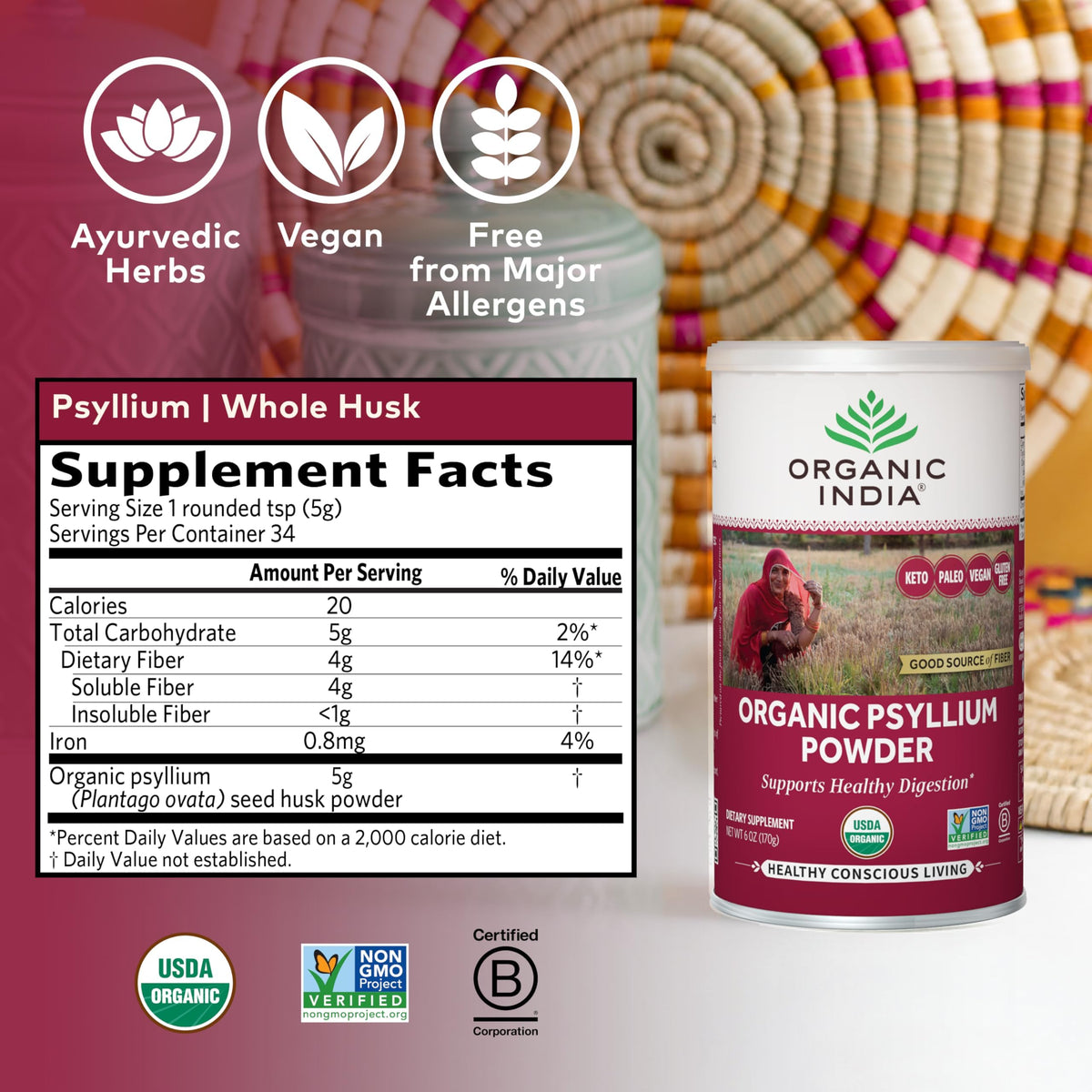 Poudre de psyllium bio ORGANIC INDIA dans un verre d'eau