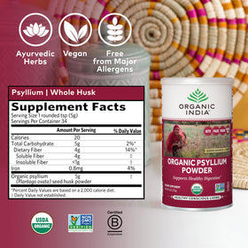 Poudre de psyllium bio ORGANIC INDIA dans un verre d'eau