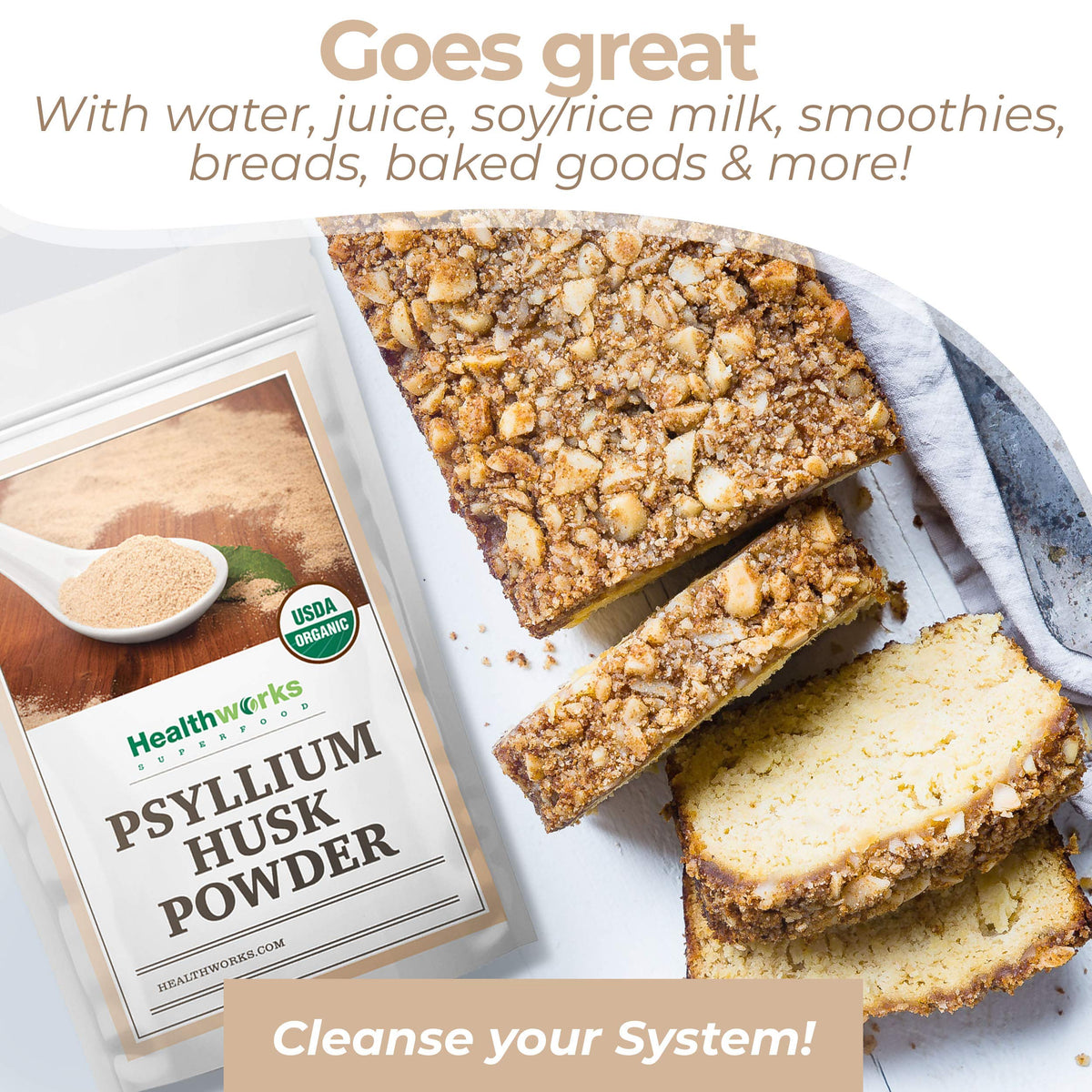 Poudre de Psyllium Bio près de smoothies et fruits