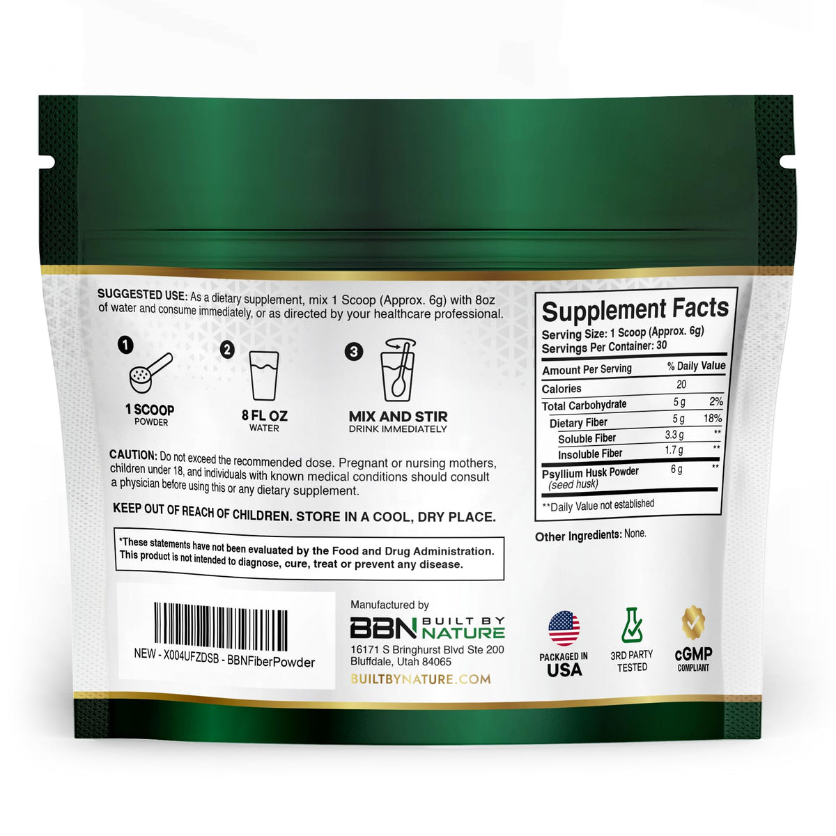 Poudre de psyllium Built by Nature, contenant de 191g