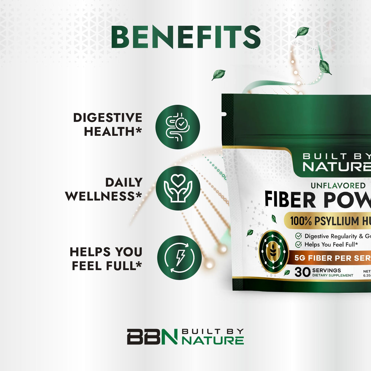 Poudre de psyllium Built by Nature, vue arrière, informations nutritionnelles