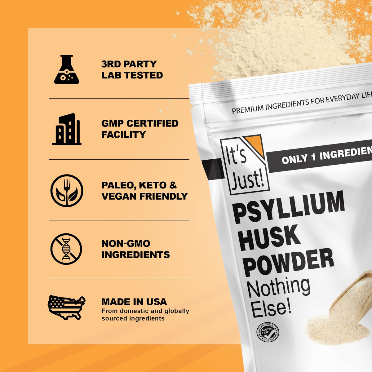 Poudre de psyllium It's Just! 1851g vue arrière avec informations nutritionnelles