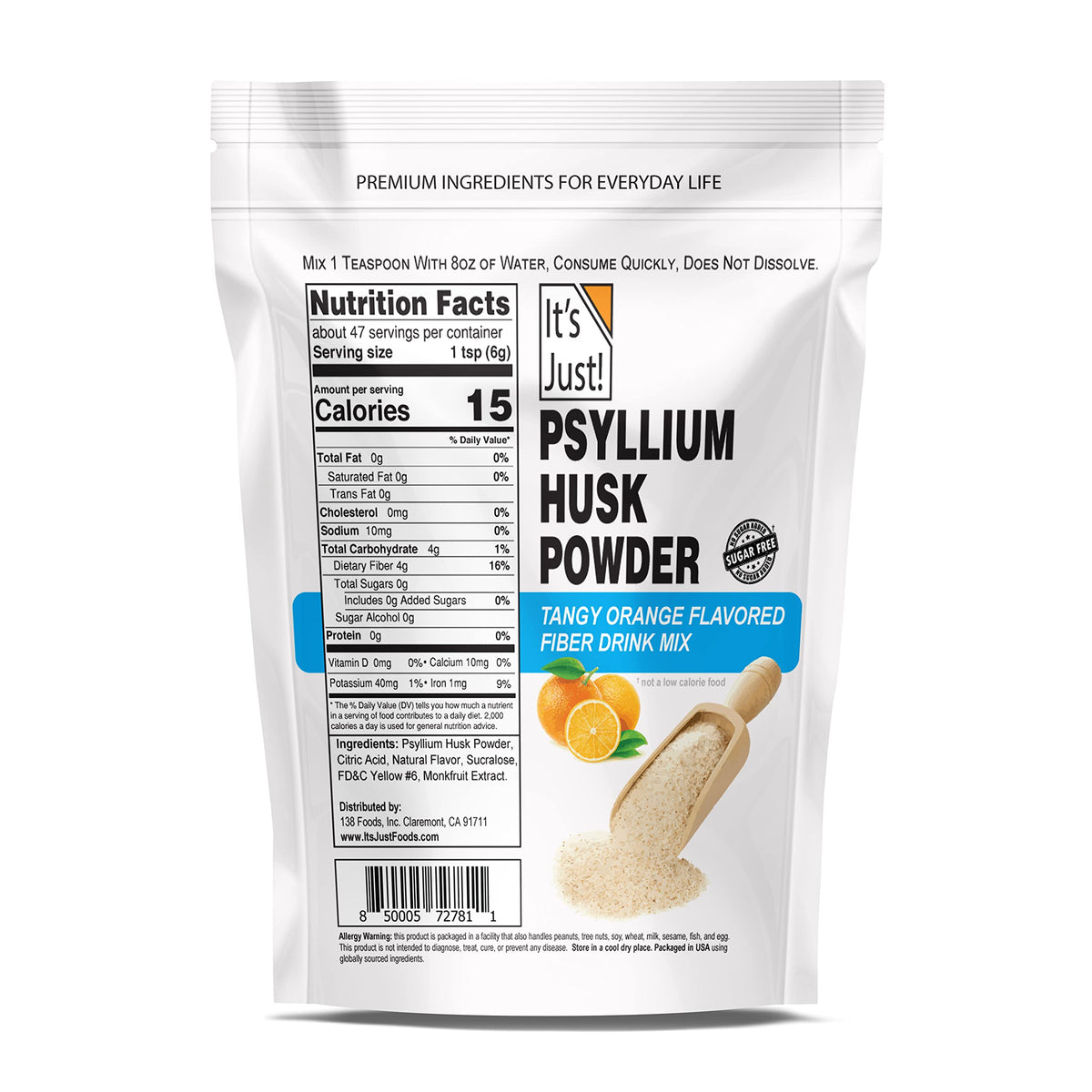 Poudre de psyllium It's Just! 290g avec étiquette détaillée