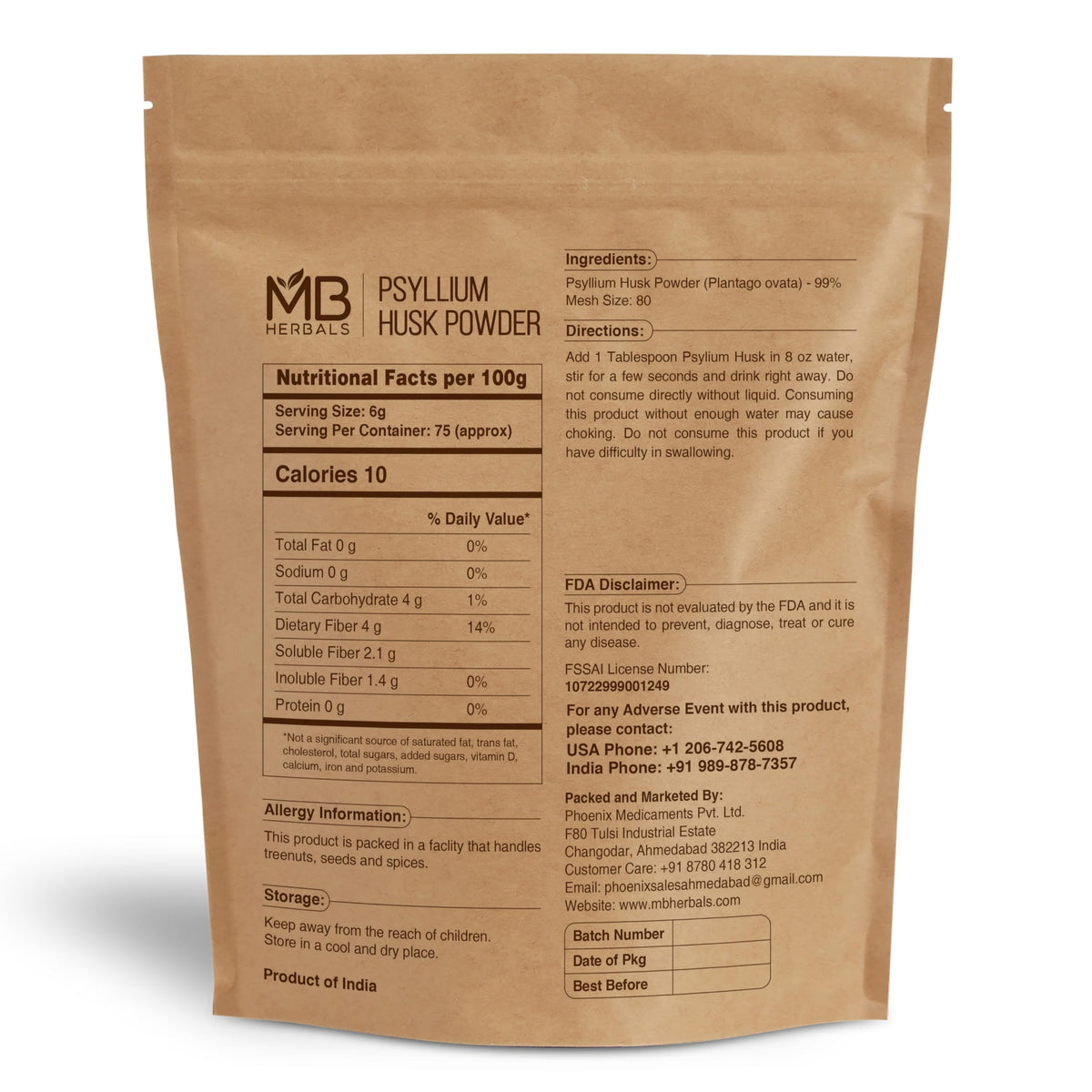 Poudre de Psyllium MB Herbals 490g versée dans un bol
