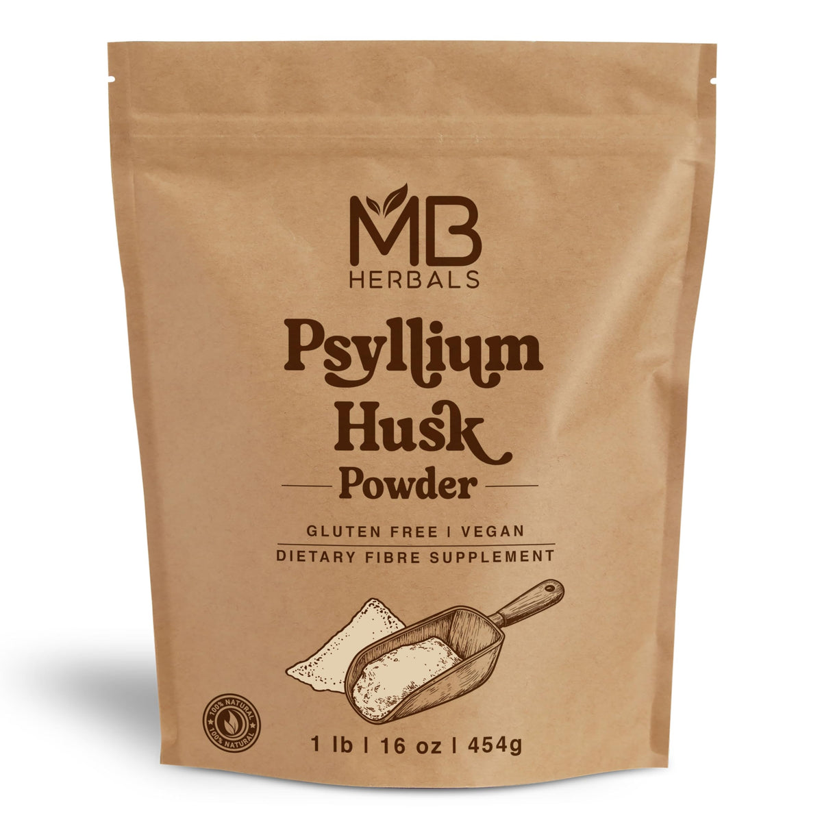 Poudre de Psyllium MB Herbals 490g vue de face avec étiquette
