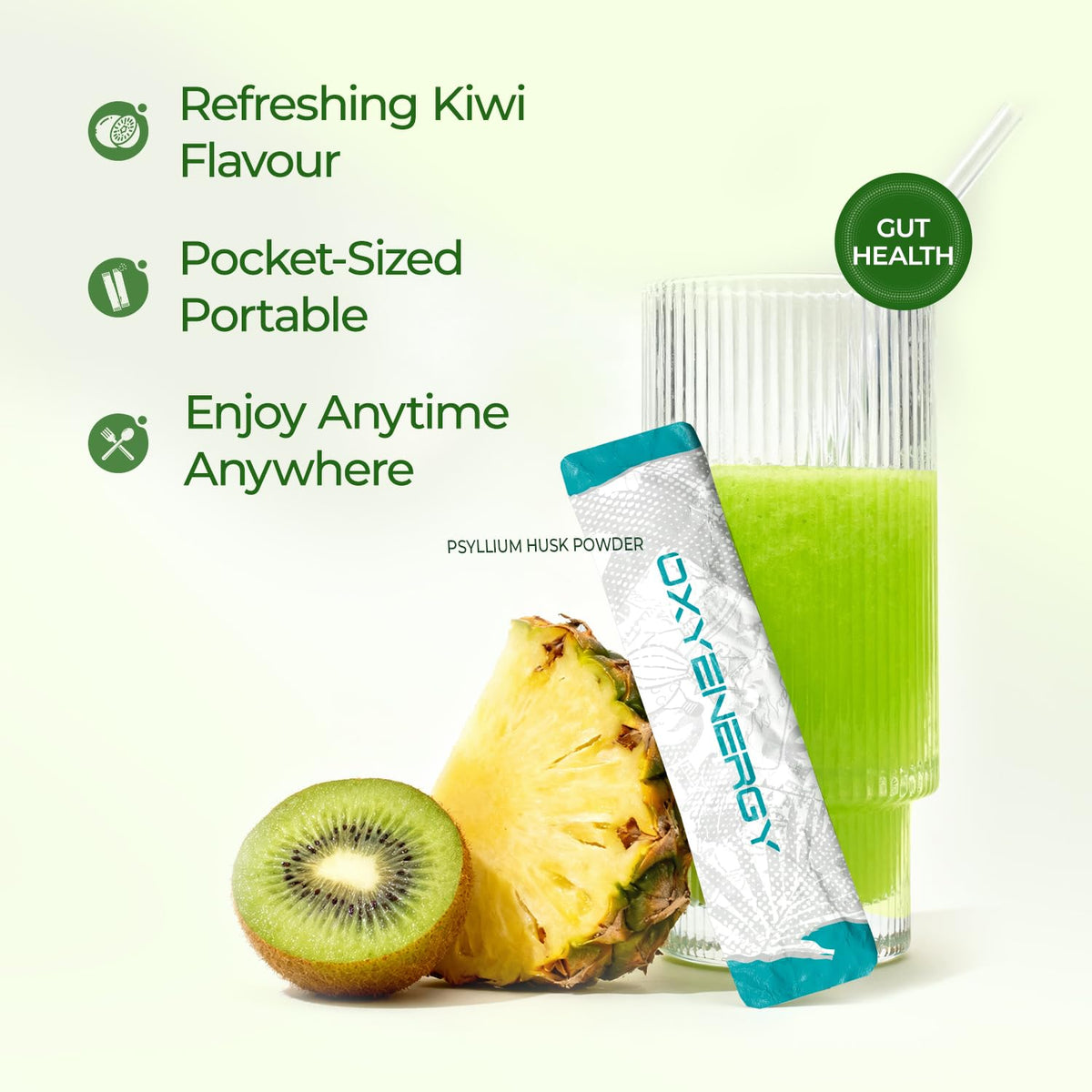 Poudre de psyllium OxyEnergy au kiwi avec des fruits