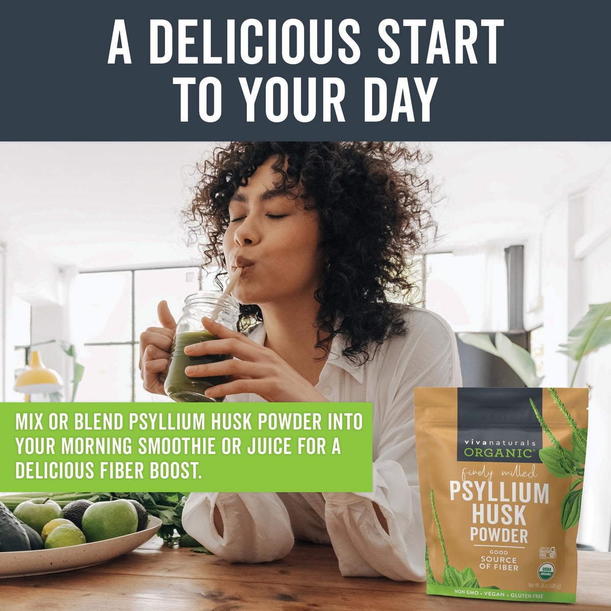 Poudre de psyllium Viva Naturals en usage dans un smoothie