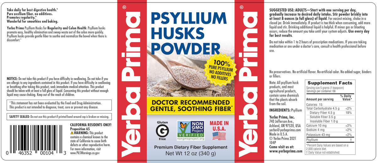 Poudre de psyllium Yerba Prima 340 g bouteille arrière