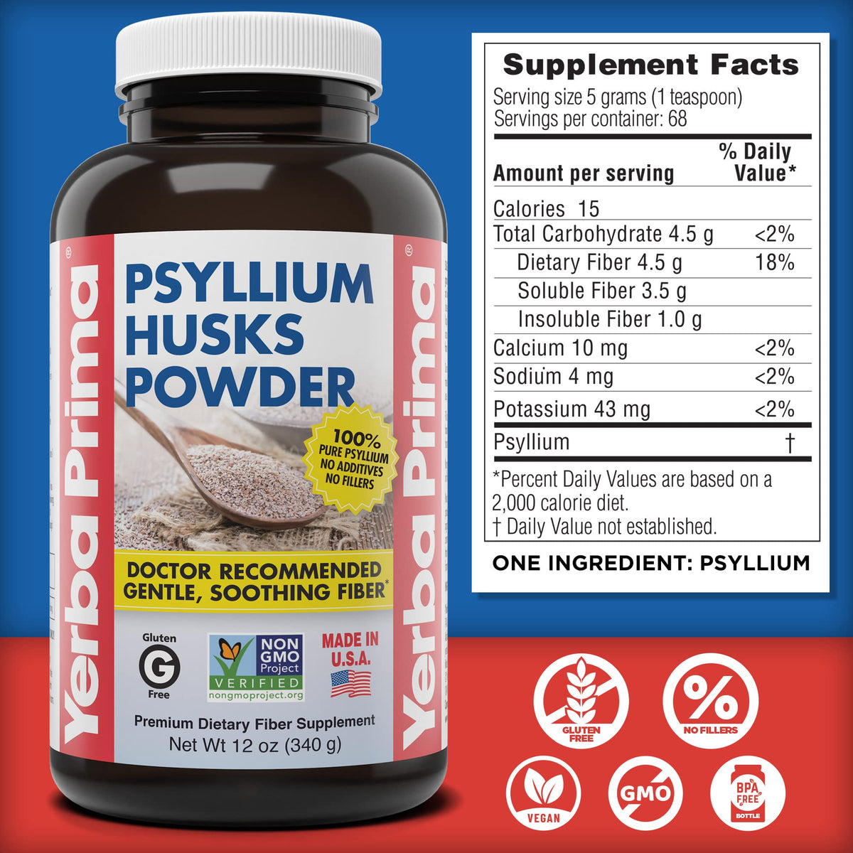 Poudre de psyllium Yerba Prima 340 g bouteille côté