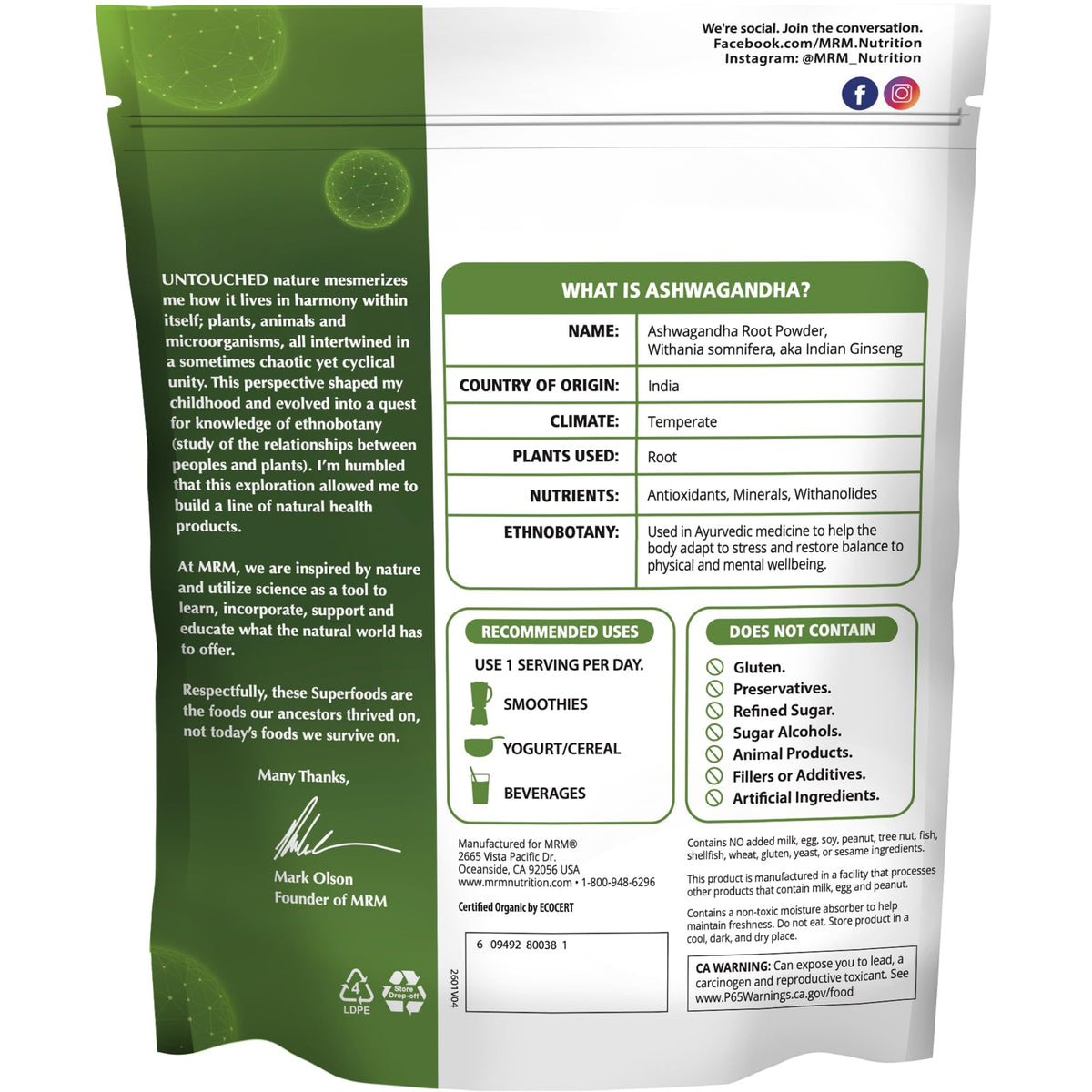 Poudre de racine d'ashwagandha bio MRM avec cuillère pour dosage