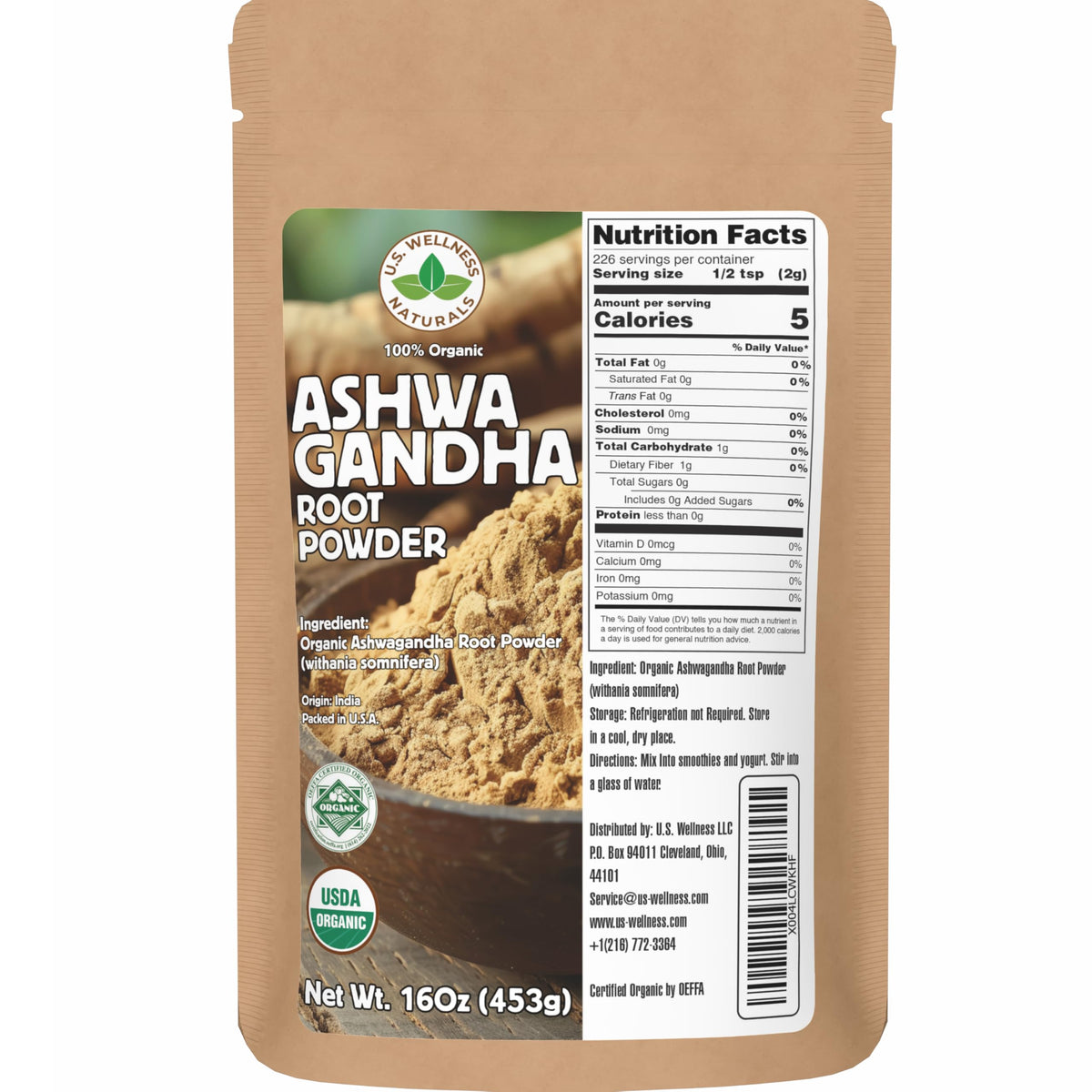 Poudre de racine d'Ashwagandha bio U.S. Wellness Naturals dans un sac refermable
