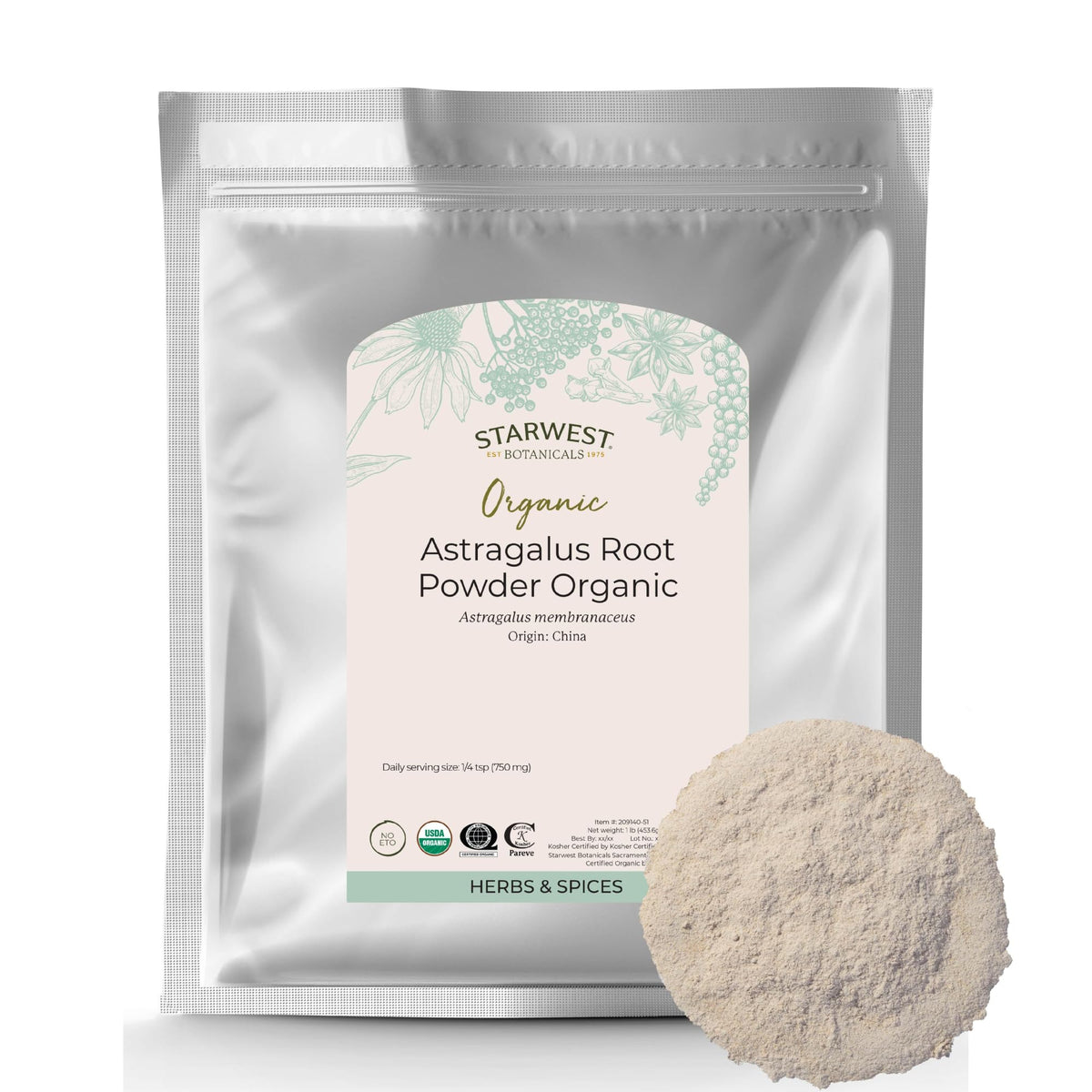 Poudre de racine d'astragale bio Starwest Botanicals dans un sachet de 481g