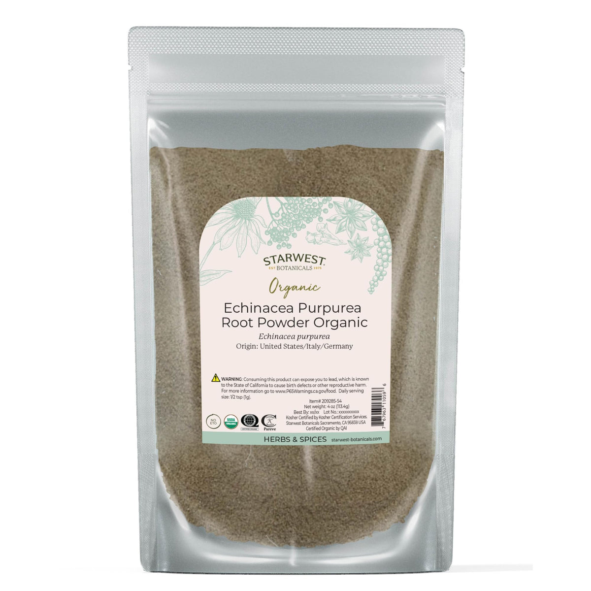 Poudre de racine d'échinacée purpurea bio Starwest Botanicals vue de face