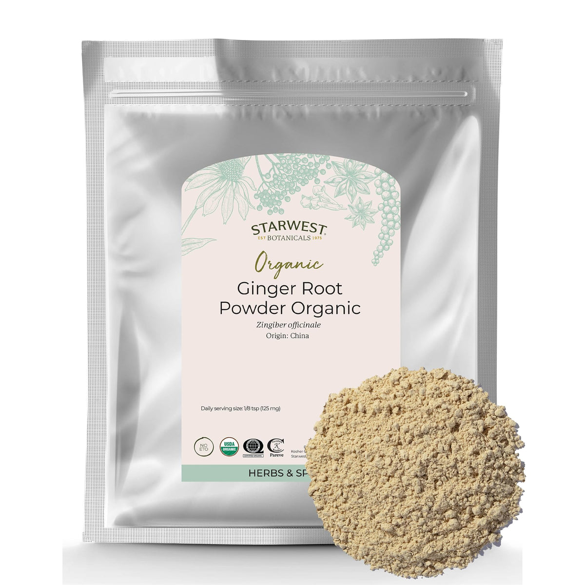Poudre de racine de gingembre bio Starwest Botanicals 472g vue de face