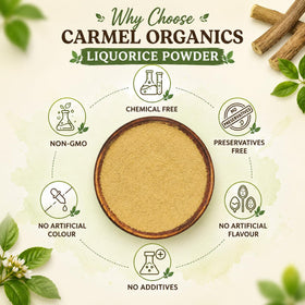 Poudre de racine de réglisse CARMEL ORGANICS versée sur une cuillère