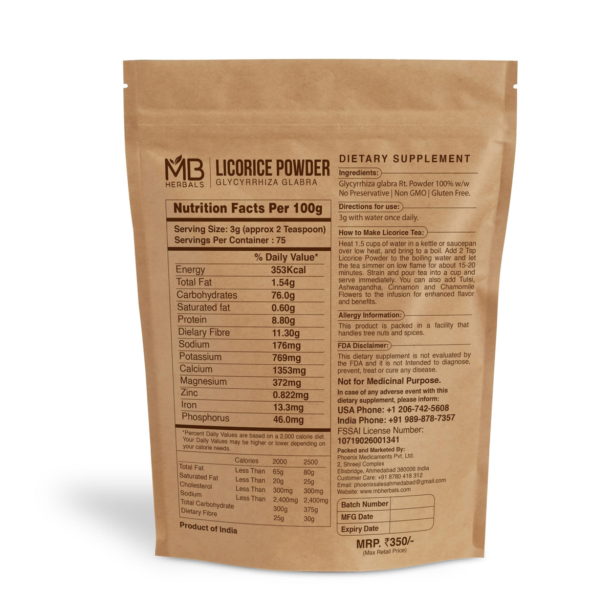 Poudre de racine de réglisse MB Herbals 240g montrant la texture fine