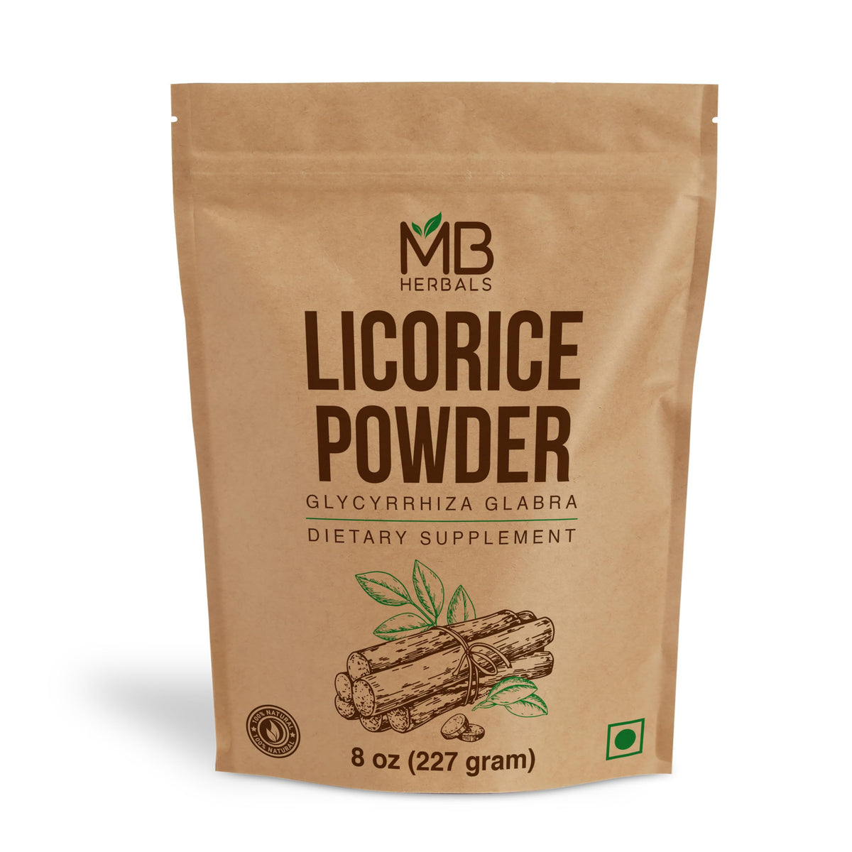 Poudre de racine de réglisse MB Herbals 240g vue avant avec emballage
