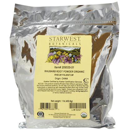 Poudre de racine de rhubarbe bio Starwest Botanicals vue de face