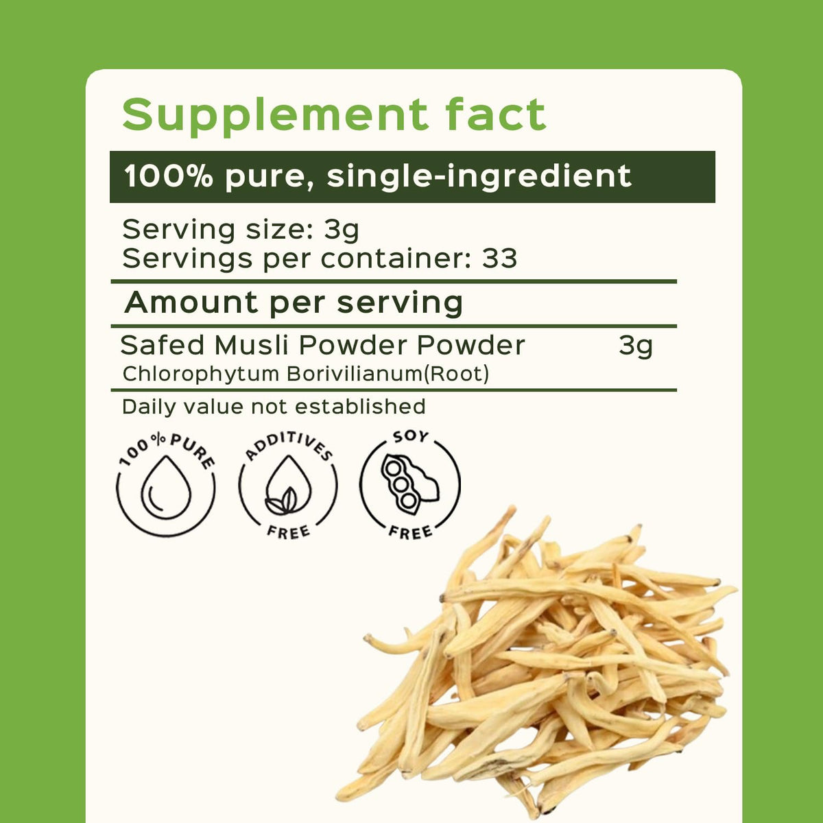 Poudre de racine de Safed Musli bixa BOTANICAL sur un fond naturel