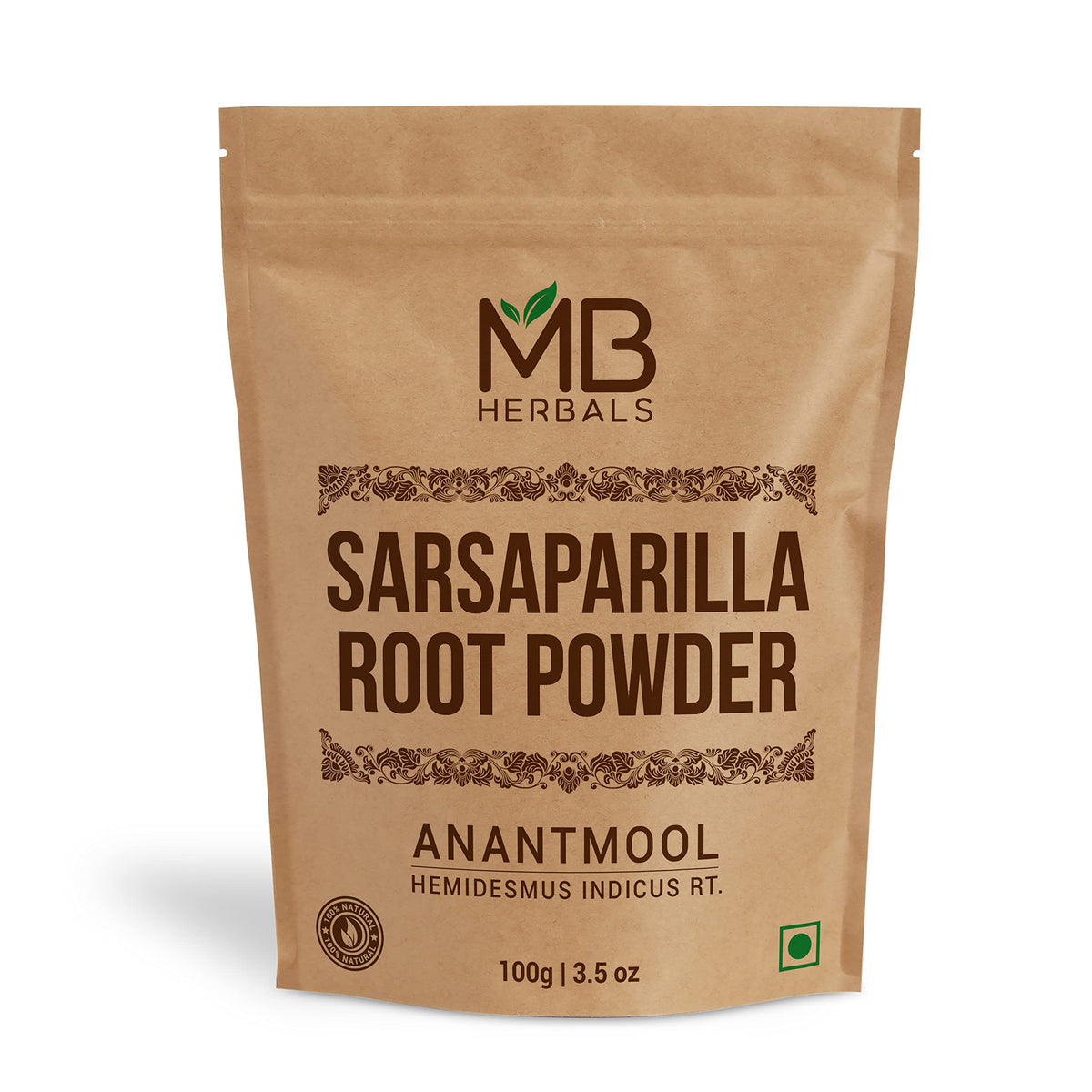 Poudre de racine de sarsaparille MB Herbals 100g, emballage avant